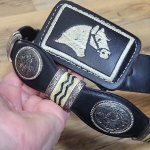 TONY LAMA Black Leather Silvertone Conch Belt w/Embroidered Leather Hose Buckle